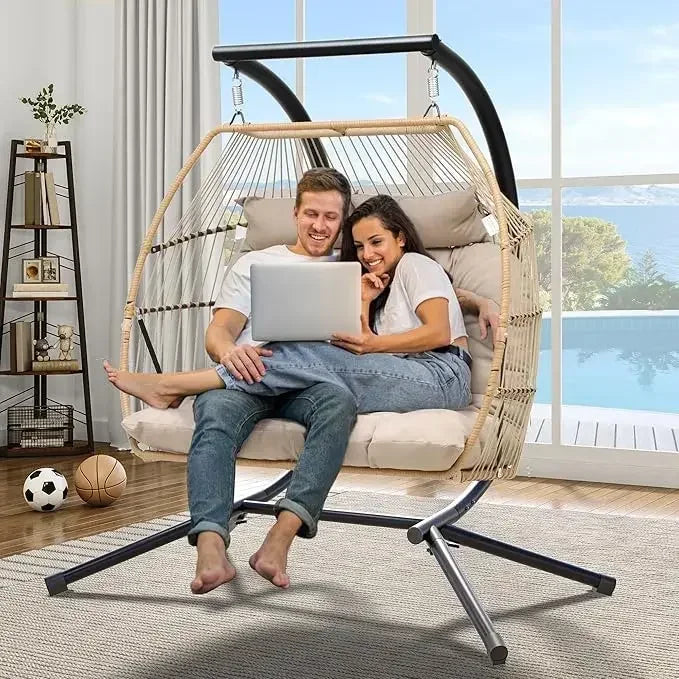 Bestseller2 Person Hanging Egg Swing Chair with Stand Egg Chair Wicker Indoor Outdoor Hammock with Cushions