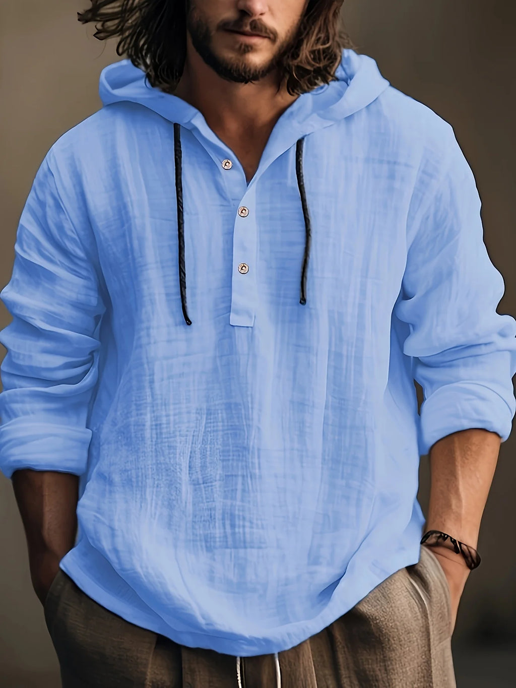 Men's spring and autumn cotton and linen shirt with hooded sweatshirt long sleeve casual wear