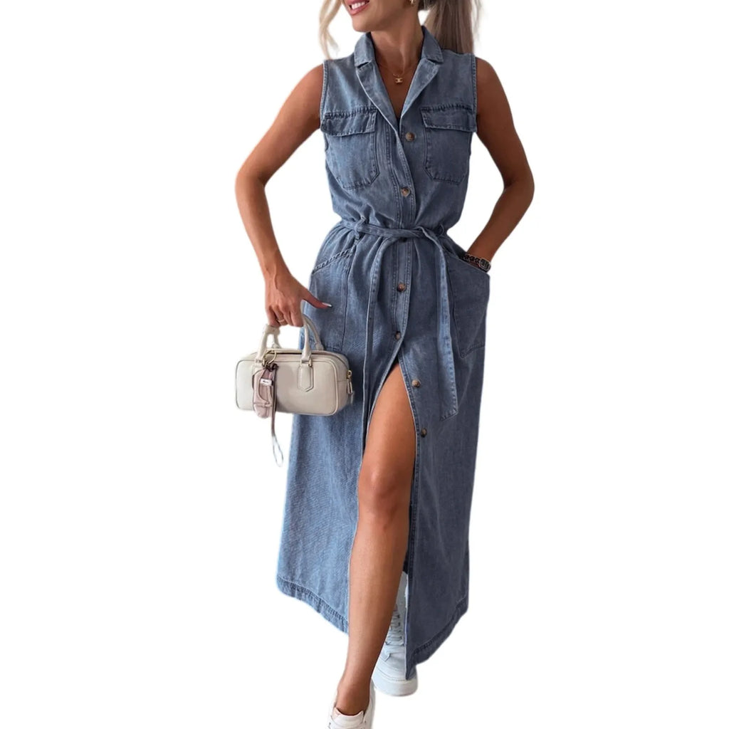 Ladies' Casual Fashionable Sleeveless Waist Cinched Single Breasted Denim  Elegant Women's Dresses