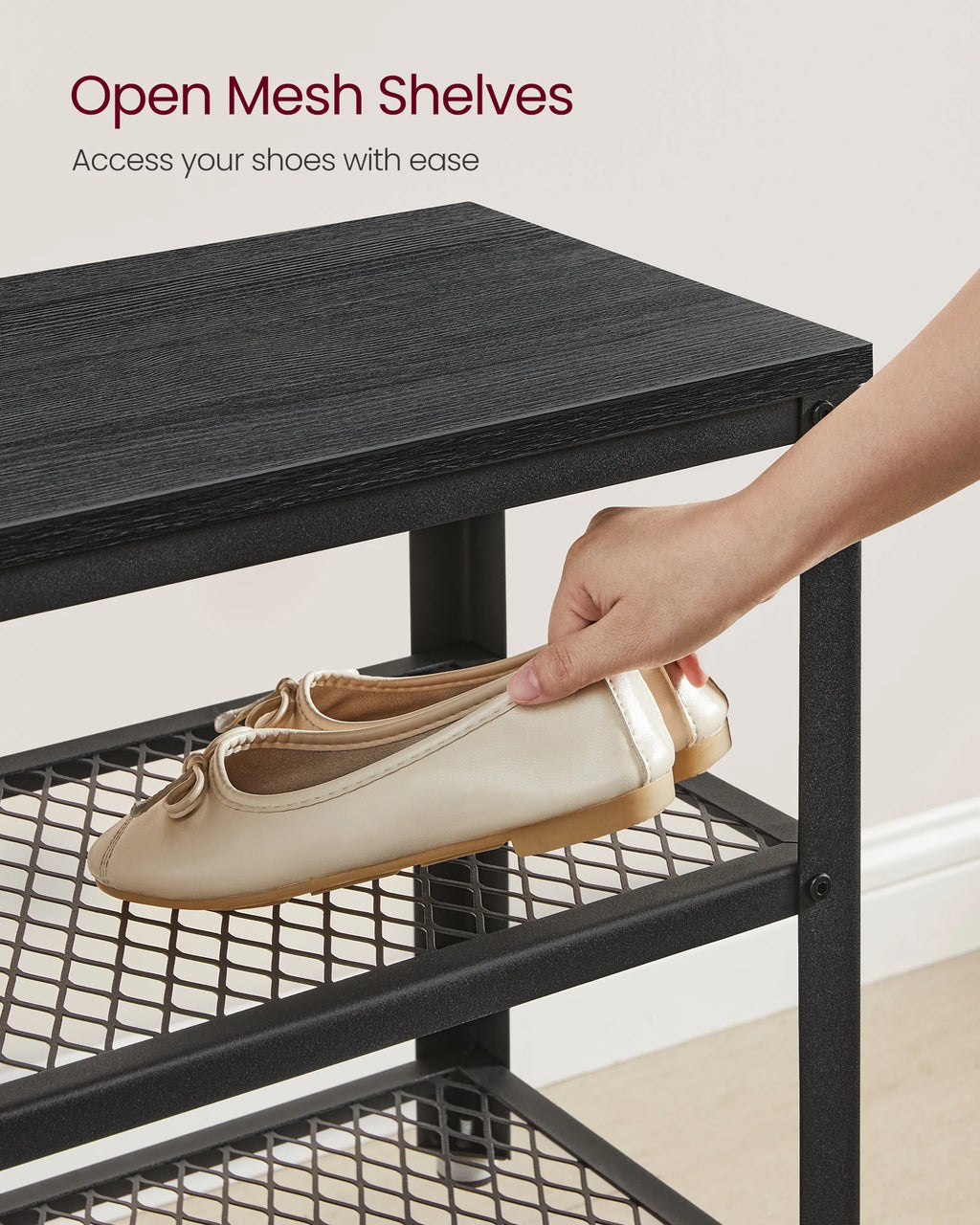 3-Tier Shoe Rack, Shelf Storage Bench with Metal Mesh Shelves and Seat, Free Standing Shoe Organizer