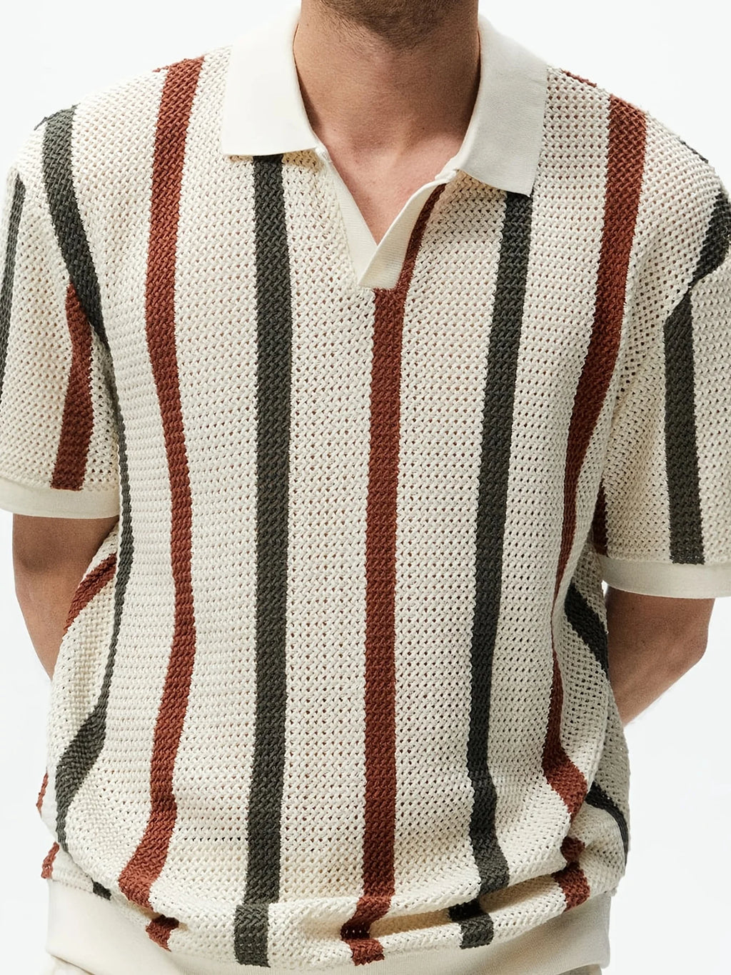 Men's Summer Chunky Knit Short-Sleeve Polo Shirt With Stripes And Contrast Colors, Casual Wear