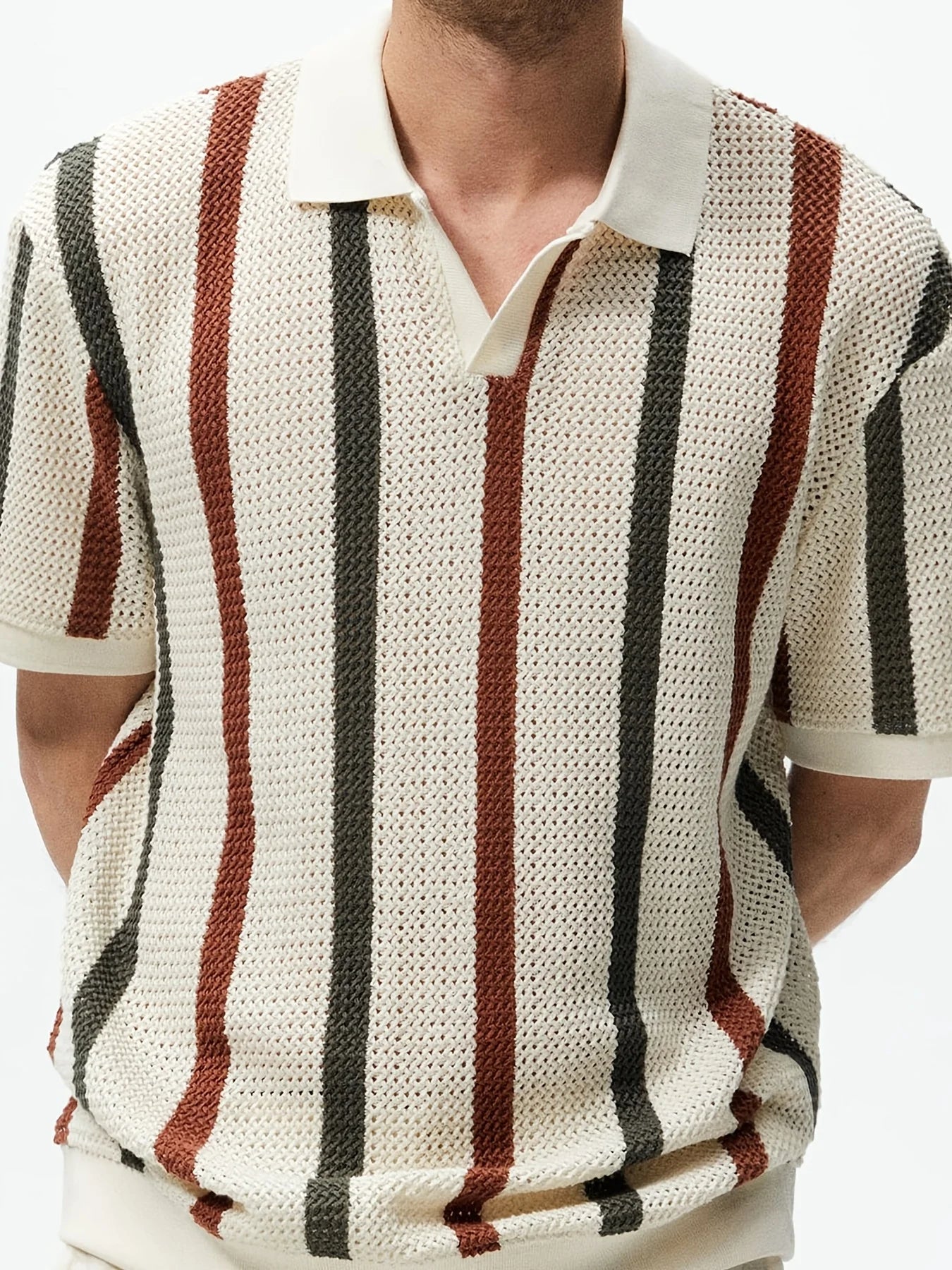 Men's Summer Chunky Knit Short-Sleeve Polo Shirt With Stripes And Contrast Colors, Casual Wear