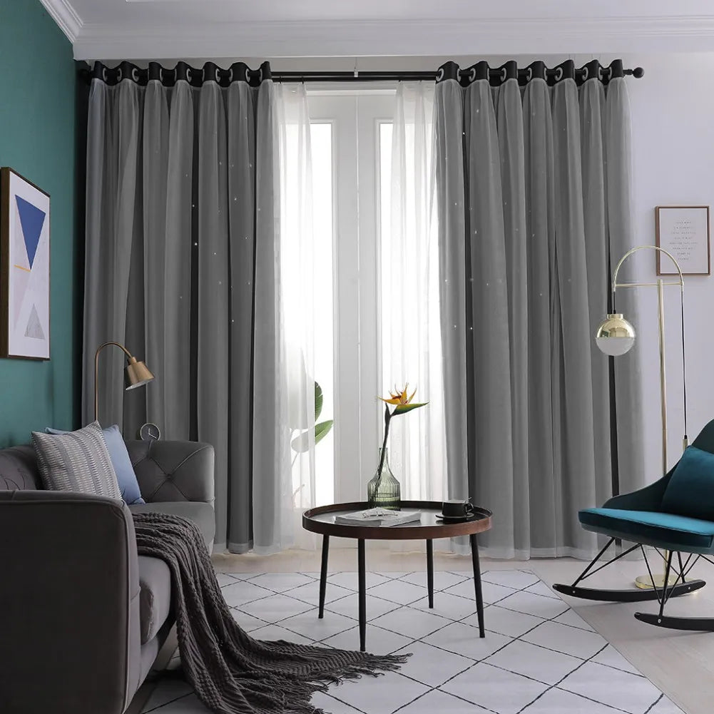 Curtain Sky Wonder Star Holes Cut  Room Darkening Drape for Bedroom/Living Room/Studio