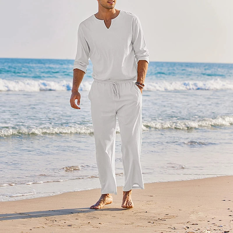 Men s Summer Cotton Linen   Long Sleeve Henley Shirt Elastic Waist Drawstring Pants 2 Pieces Loungewear Set