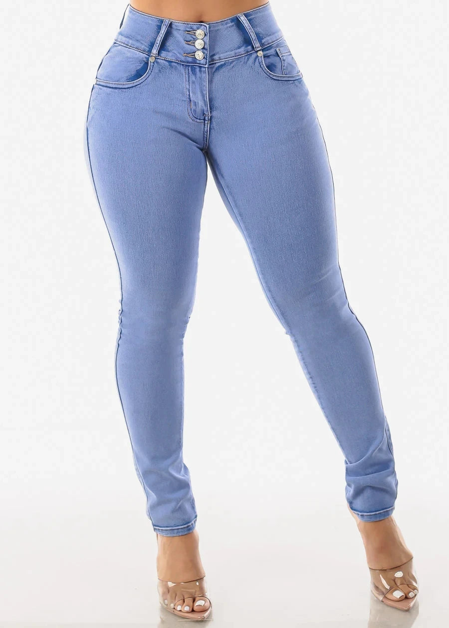 Fashion wash light blue high waist front button women's stretch slim  casual jeans