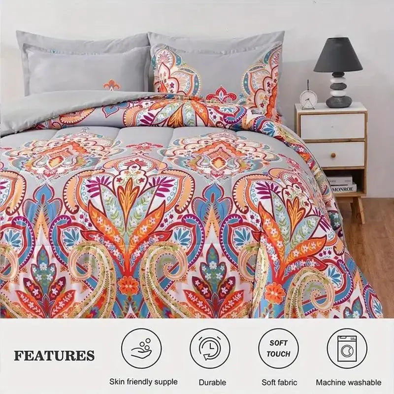 Gray King Comforter Set  Rainbow Floral Design - 3 Piece Bedding Collection