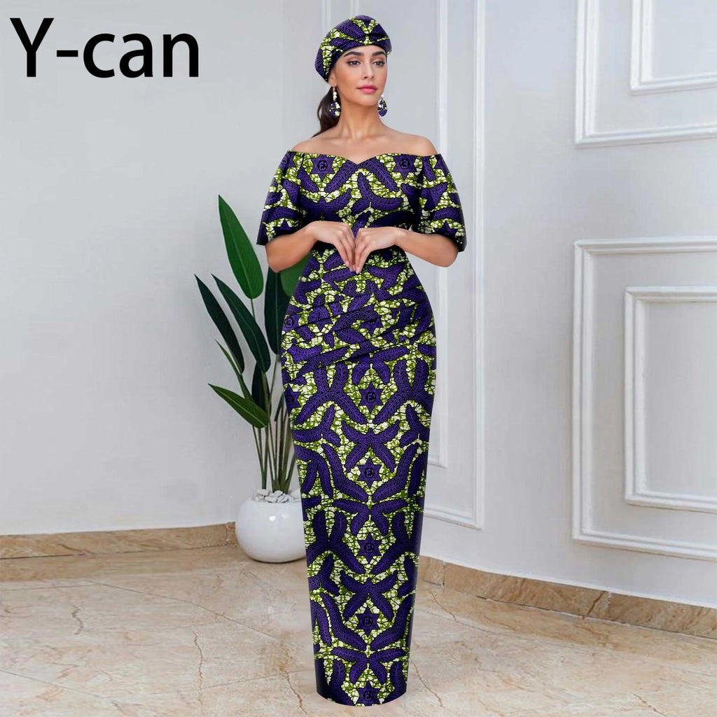 African Party Dresses for Women Off Shoulder Folds Women Maxi Dress with Headscarf and Earrings Traditional Wedding