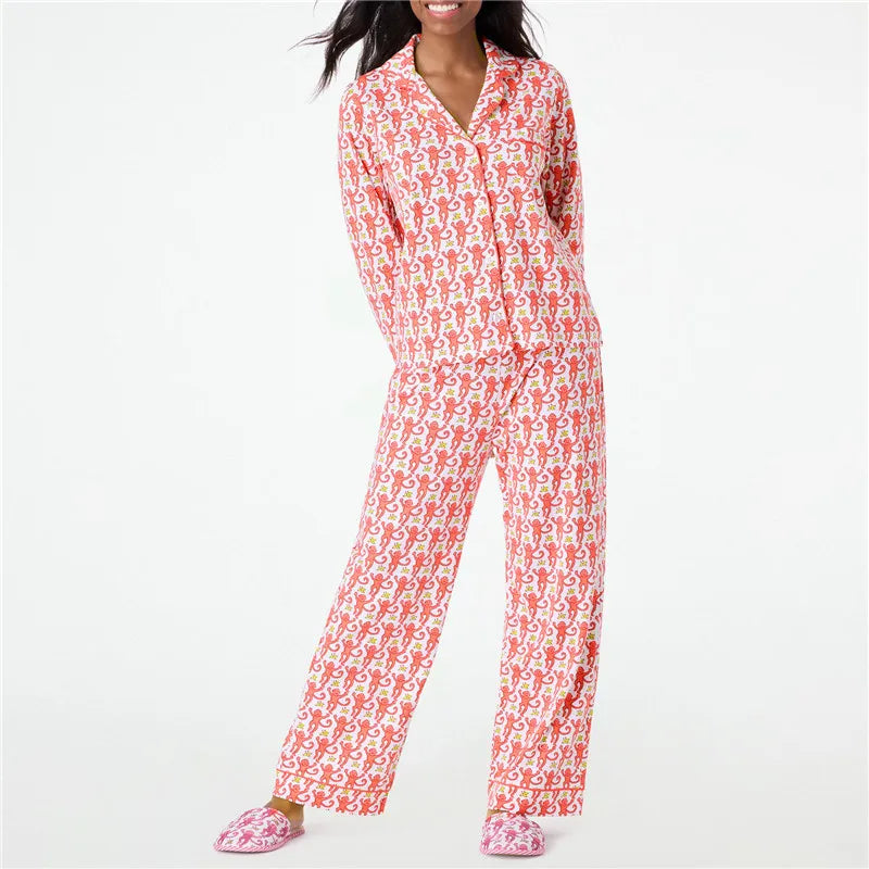 Pajamas Preppy  Cute Pants Sets For Women Y2k Long Sleeve Pajamas Set 2 Piece Loungewear