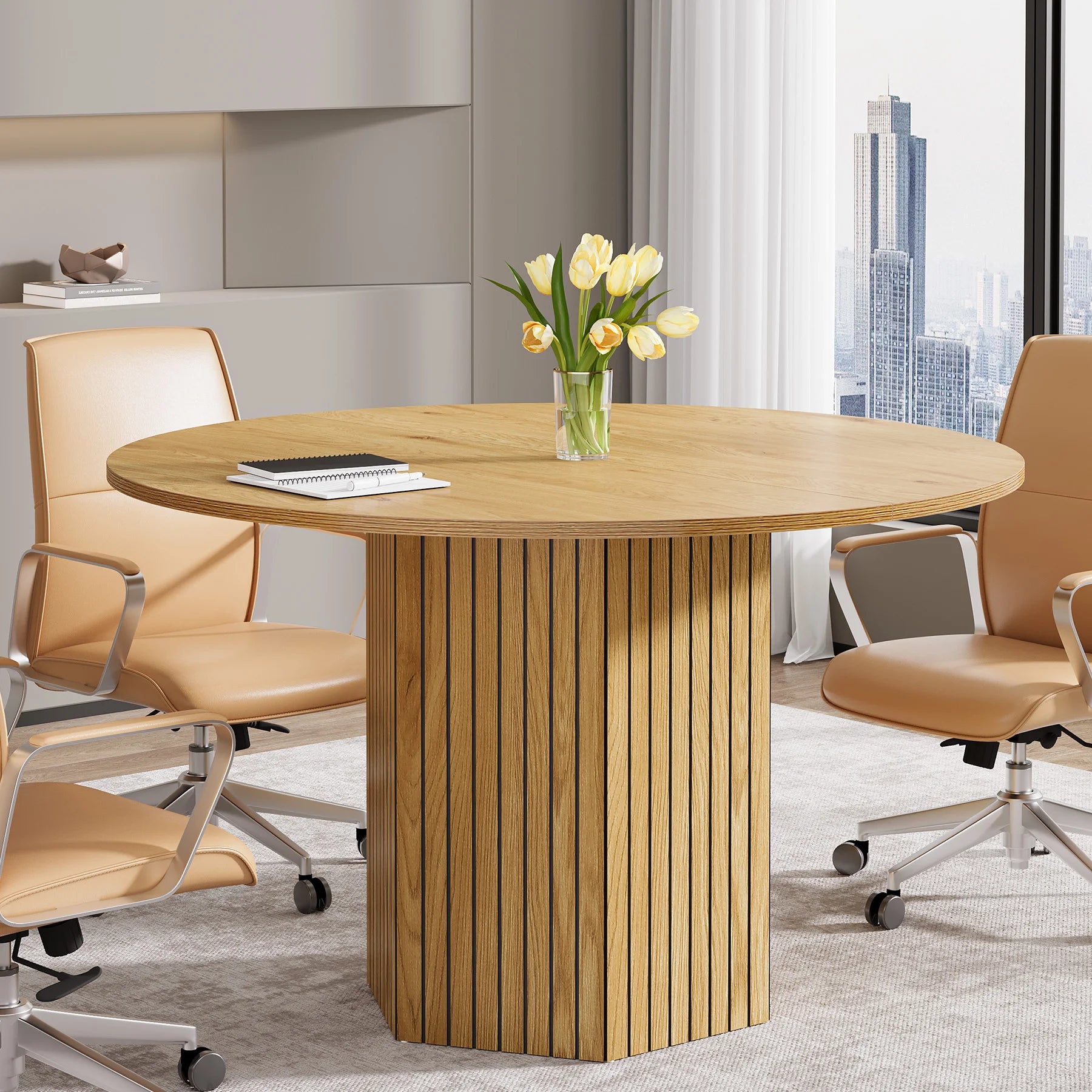 Round Conference Table, 47-Inch Wood Modern Meeting Table for 4-6 People