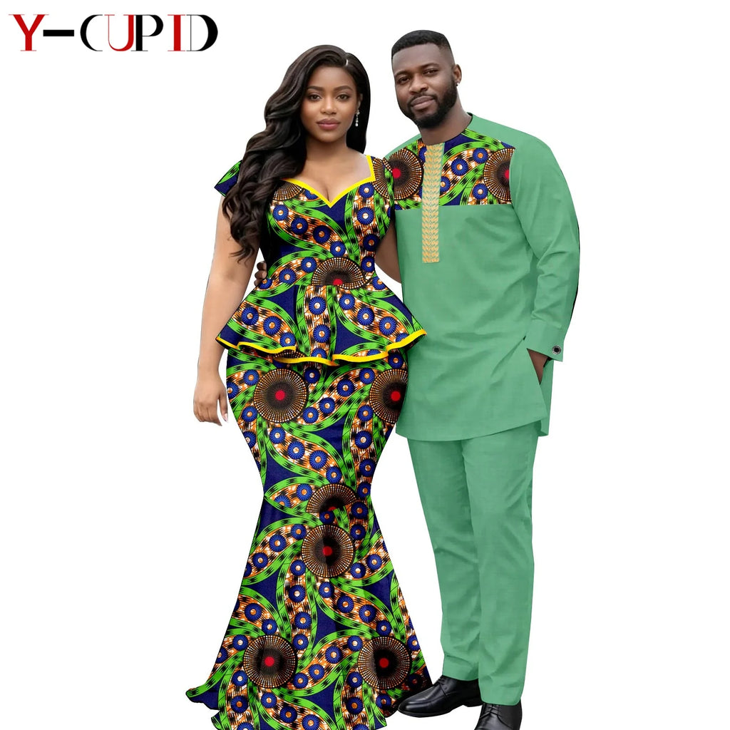 African  Women Print Top and Mermaid Skirts Sets Matching Men Outfits Top Shirt and Pant Sets