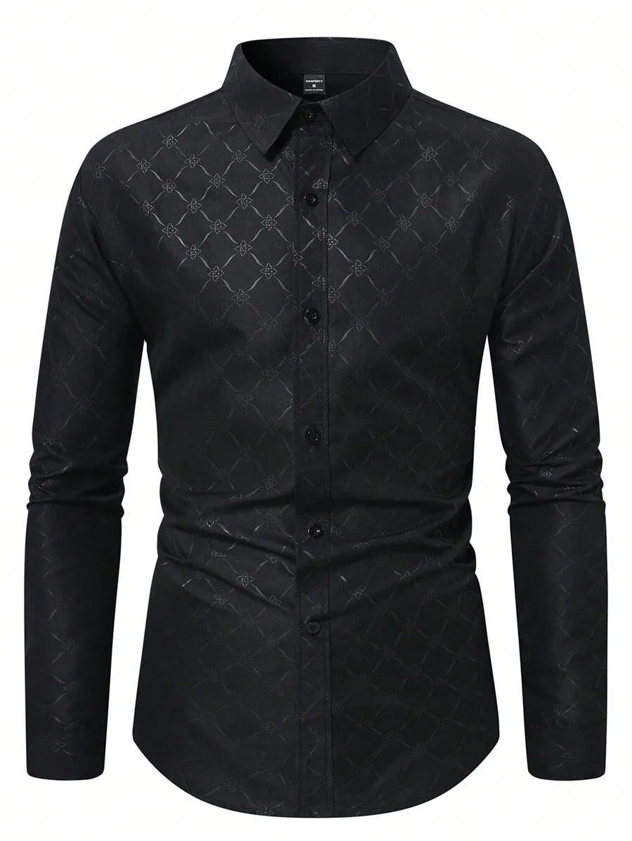 Men's Slim Fit Long Sleeve Button Down Dress Shirt with Geometric Pattern, Black, Fall