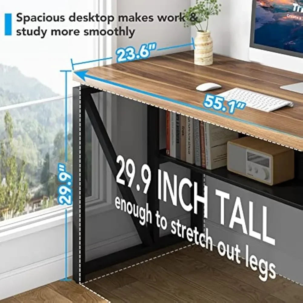 Desk with Drawer, 55" Long Computer Desk with Storage Rack Cabinet, Home Office Furniture Set Executive Desk