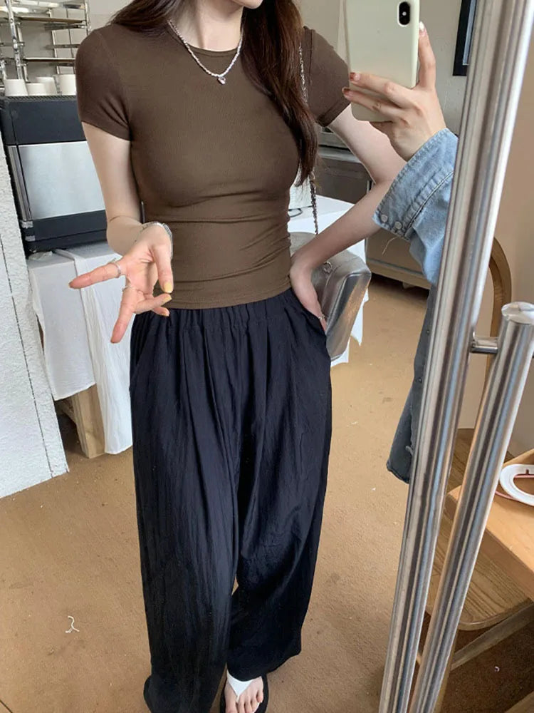 Women's Basic Solid Crop Top Short Sleeve Crewneck Skinny T-shirt Summer Casual Y2K  Streetwear