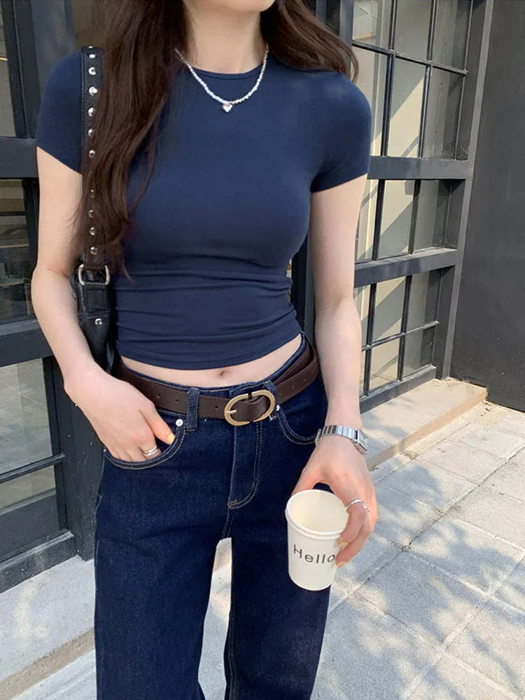 Women's Basic Solid Crop Top Short Sleeve Crewneck Skinny T-shirt Summer Casual Y2K  Streetwear