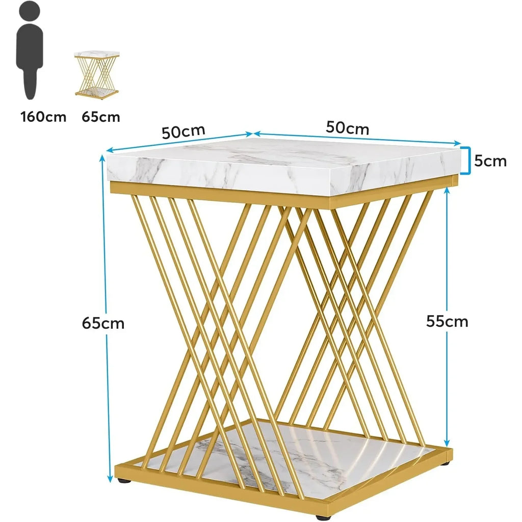 Square End Table White Gold 2-Tier Side Table Modern Small Bedside Table with Storage for Couch