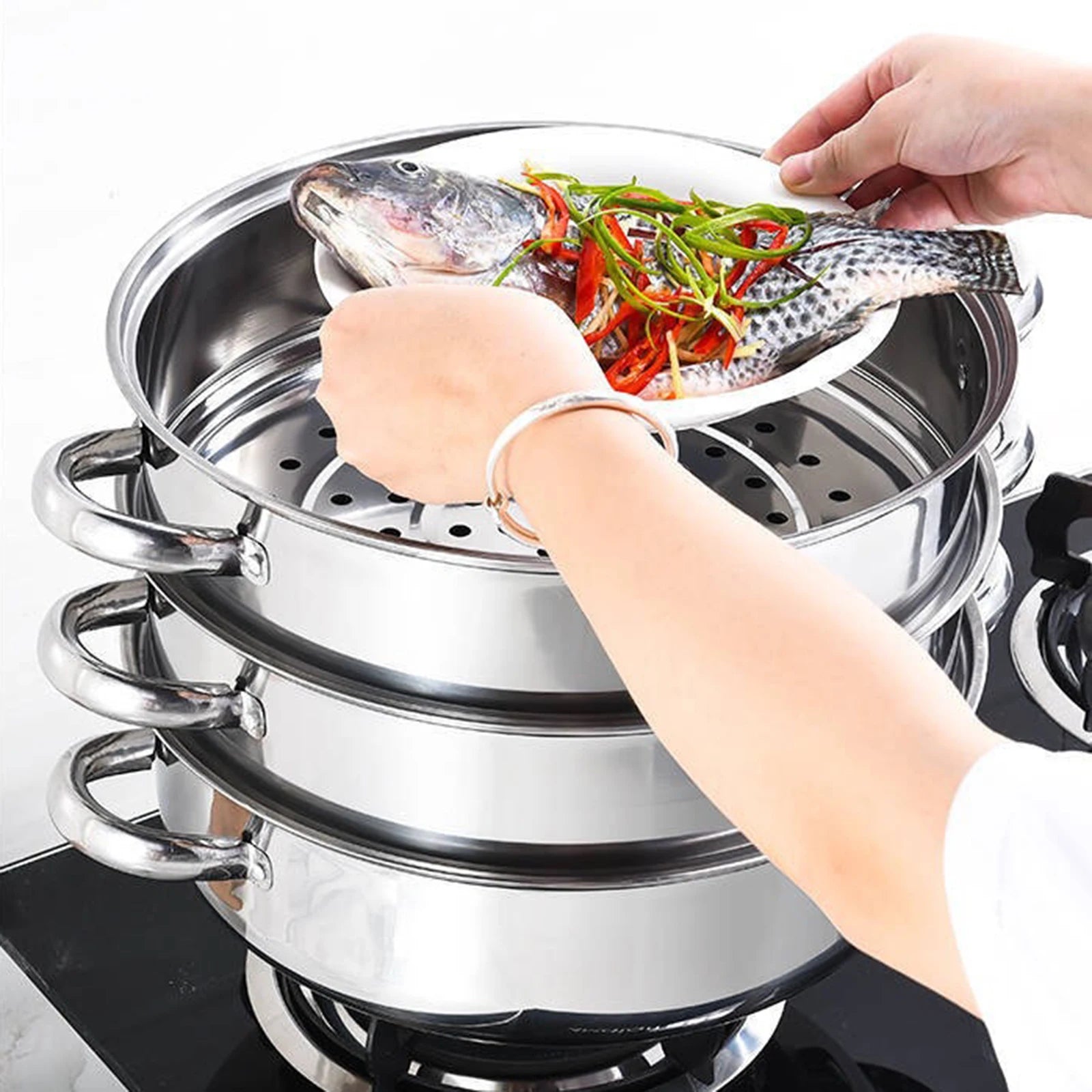 Multi-Function 3 Tier Cook Food Veg Pot Large Stainless Steel Steam Cooker Steamer Kitchen