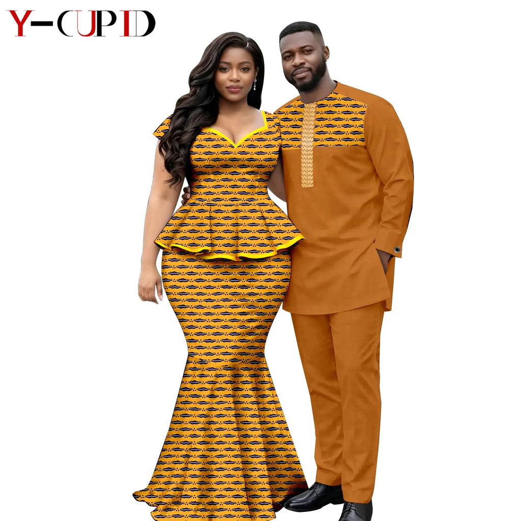 African  Women Print Top and Mermaid Skirts Sets Matching Men Outfits Top Shirt and Pant Sets