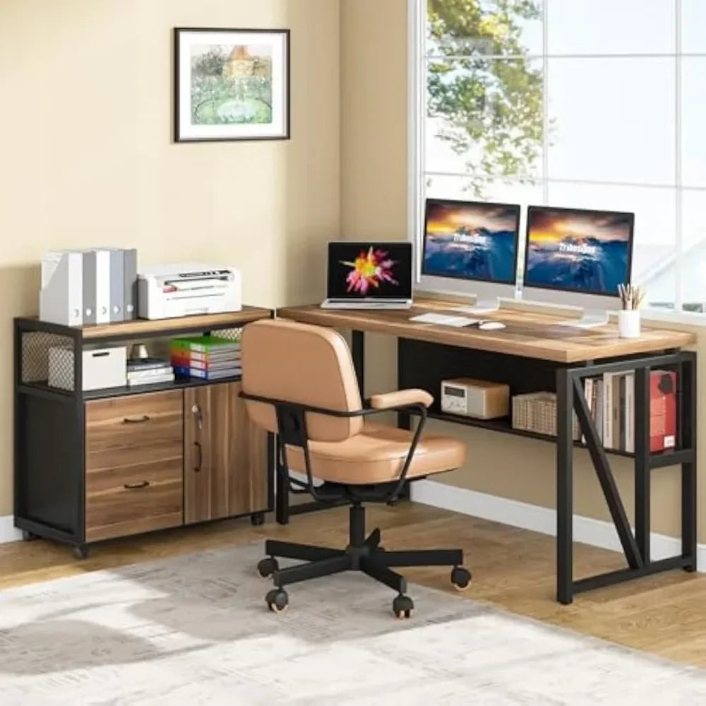 Desk with Drawer, 55" Long Computer Desk with Storage Rack Cabinet, Home Office Furniture Set Executive Desk