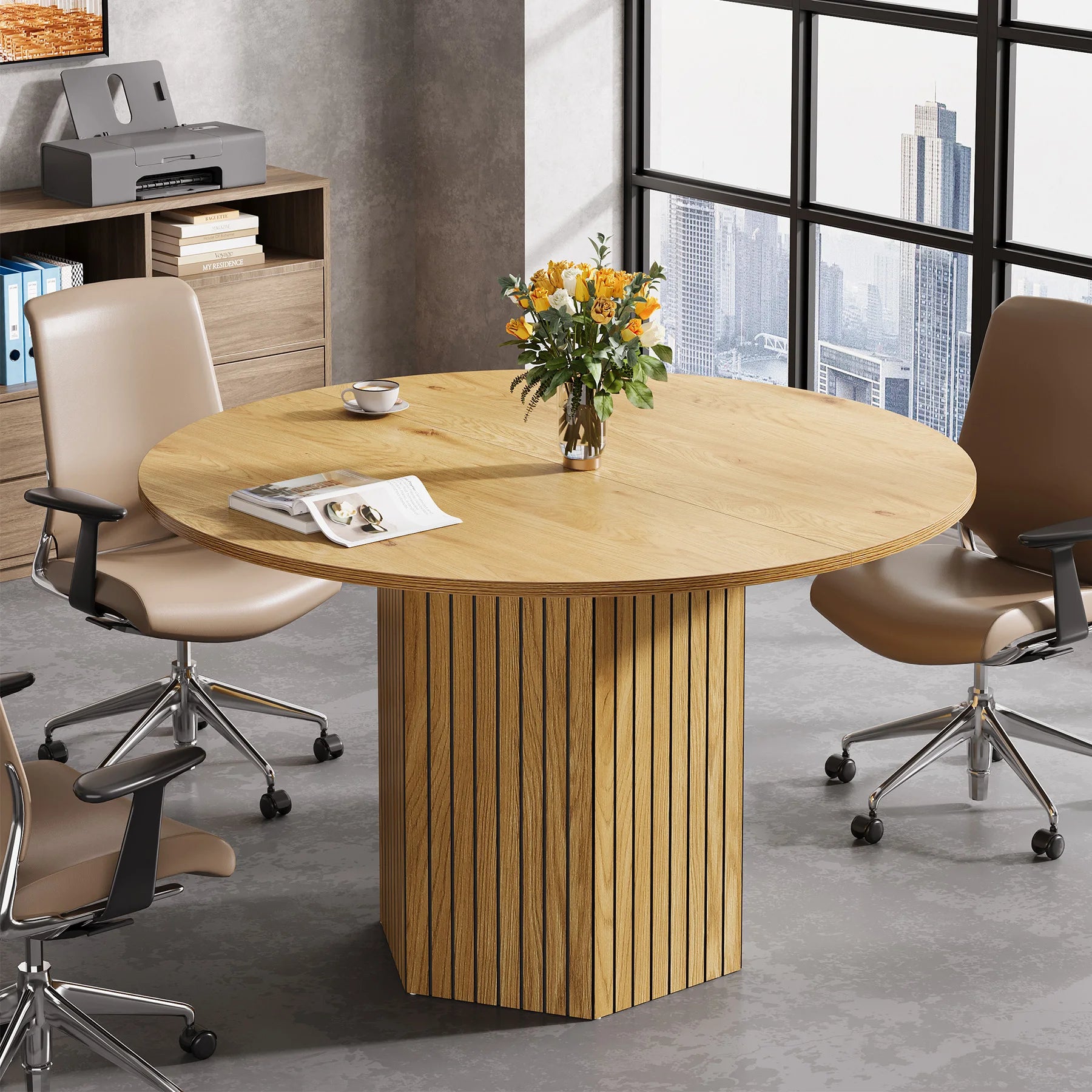 Round Conference Table, 47-Inch Wood Modern Meeting Table for 4-6 People