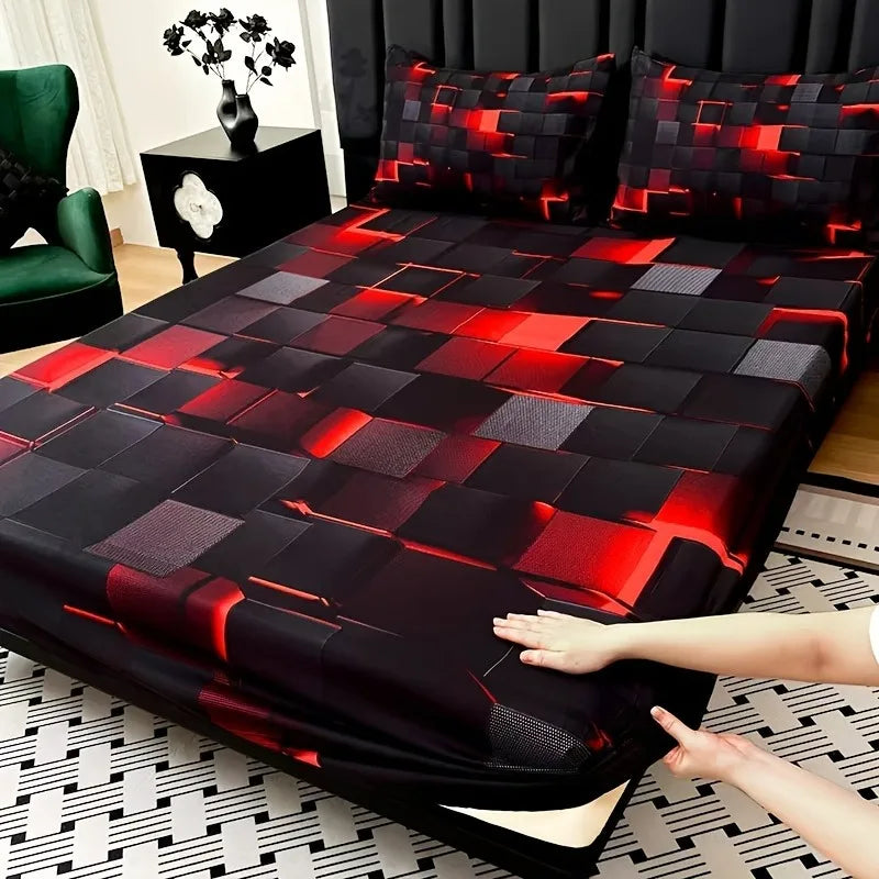3pcs Cool Technology Digital Printing Material Plaid Fitted Sheet(1pc Bed Sheet+2pcs Pillowcase No Filling)
