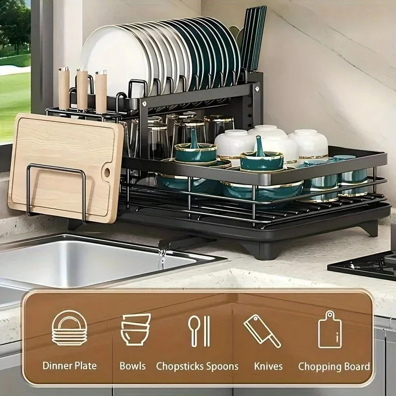 Double-Tier Extendable Dish, Utensil Rack & Draining Board for Kitchen Worktops