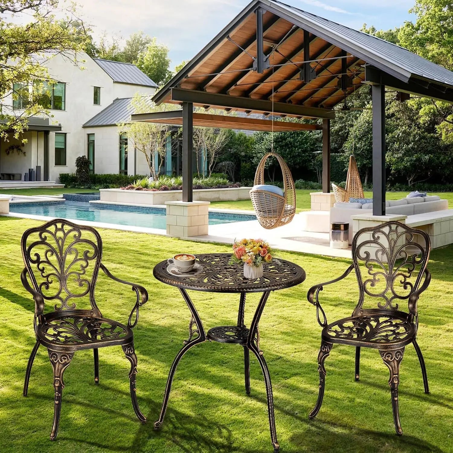 3-Piece Outdoor Bistro Set with Umbrella Hole, Rust-Resistant Table and Chairs for Backyard Porch