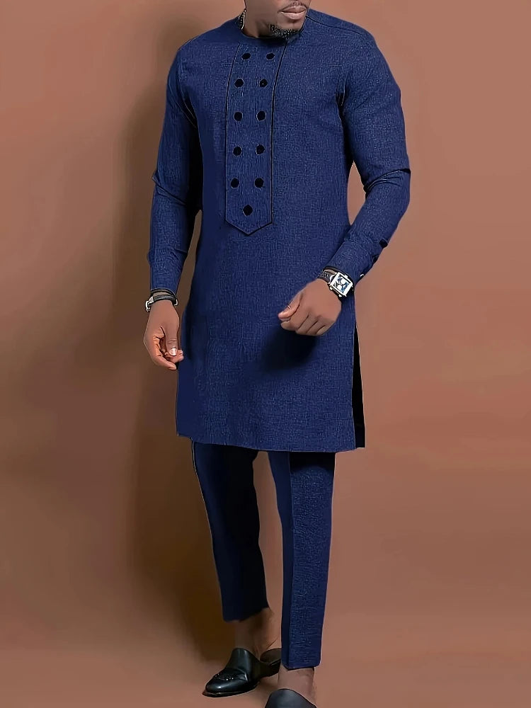 Men's Casual Long-Sleeved Two-Piece Set: Mid-Length Top and Trousers