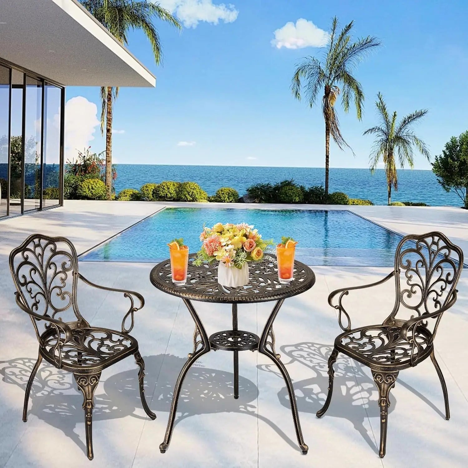 3-Piece Outdoor Bistro Set with Umbrella Hole, Rust-Resistant Table and Chairs for Backyard Porch