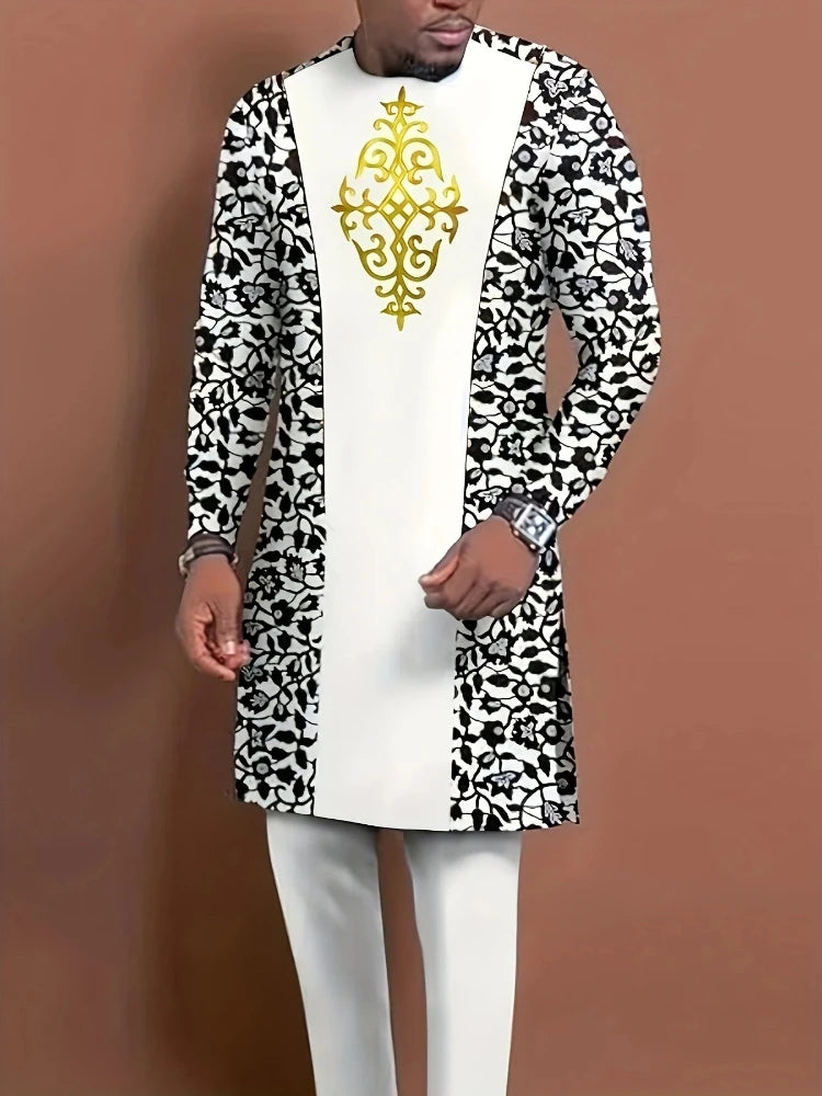 Men's Casual Long-Sleeved Two-Piece Set: Mid-Length Top and Trousers