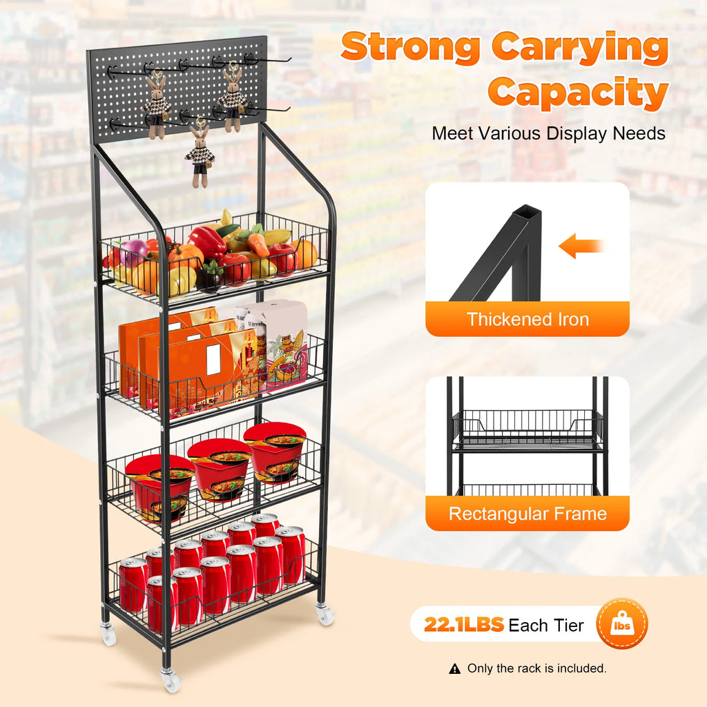 4 Tier Retail  Rack with Wheel Display Basket Stand Cart Metal Basket Storage Shelf