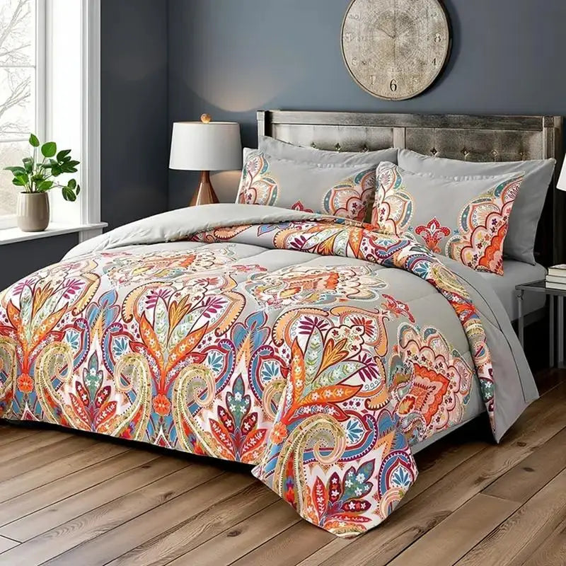 Gray King Comforter Set  Rainbow Floral Design - 3 Piece Bedding Collection