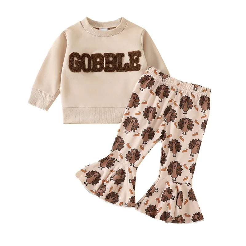 Toddler Girl Thanksgiving Outfits Letter Long Sleeve Sweatshirts Turkey Print Flare Pants 2Pcs Clothes Set