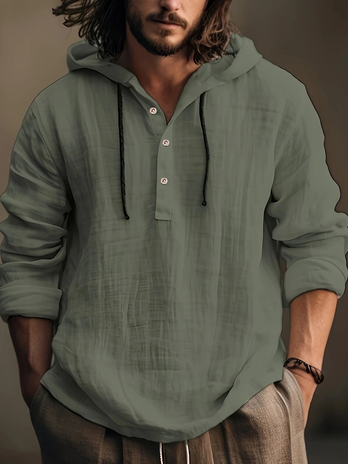 Men's spring and autumn cotton and linen shirt with hooded sweatshirt long sleeve casual wear