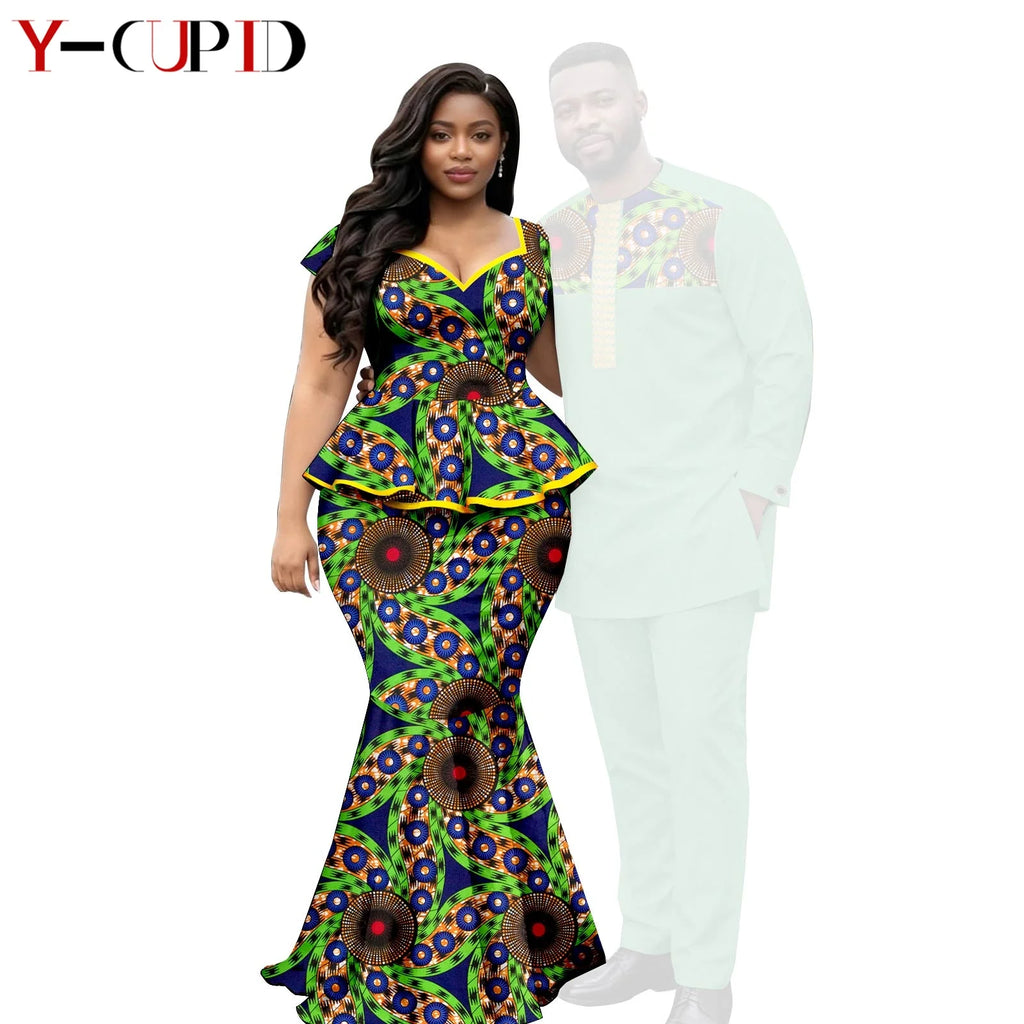 African  Women Print Top and Mermaid Skirts Sets Matching Men Outfits Top Shirt and Pant Sets