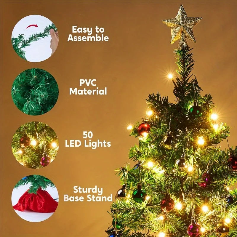24''/2 FT Mini Christmas Tree Tabletop Set with Clear LED Lights Artificial Mini Christmas Tree with Star Treetop and Hanging Ornaments,  (Storage Bag Included)