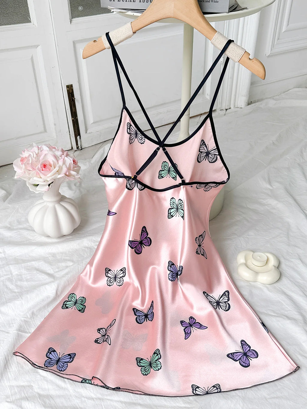 Silk Stain Butterfly  Nightdress for Women Sexy Nightgowns Backless Pajamas Casual Home wear Sleepshirts