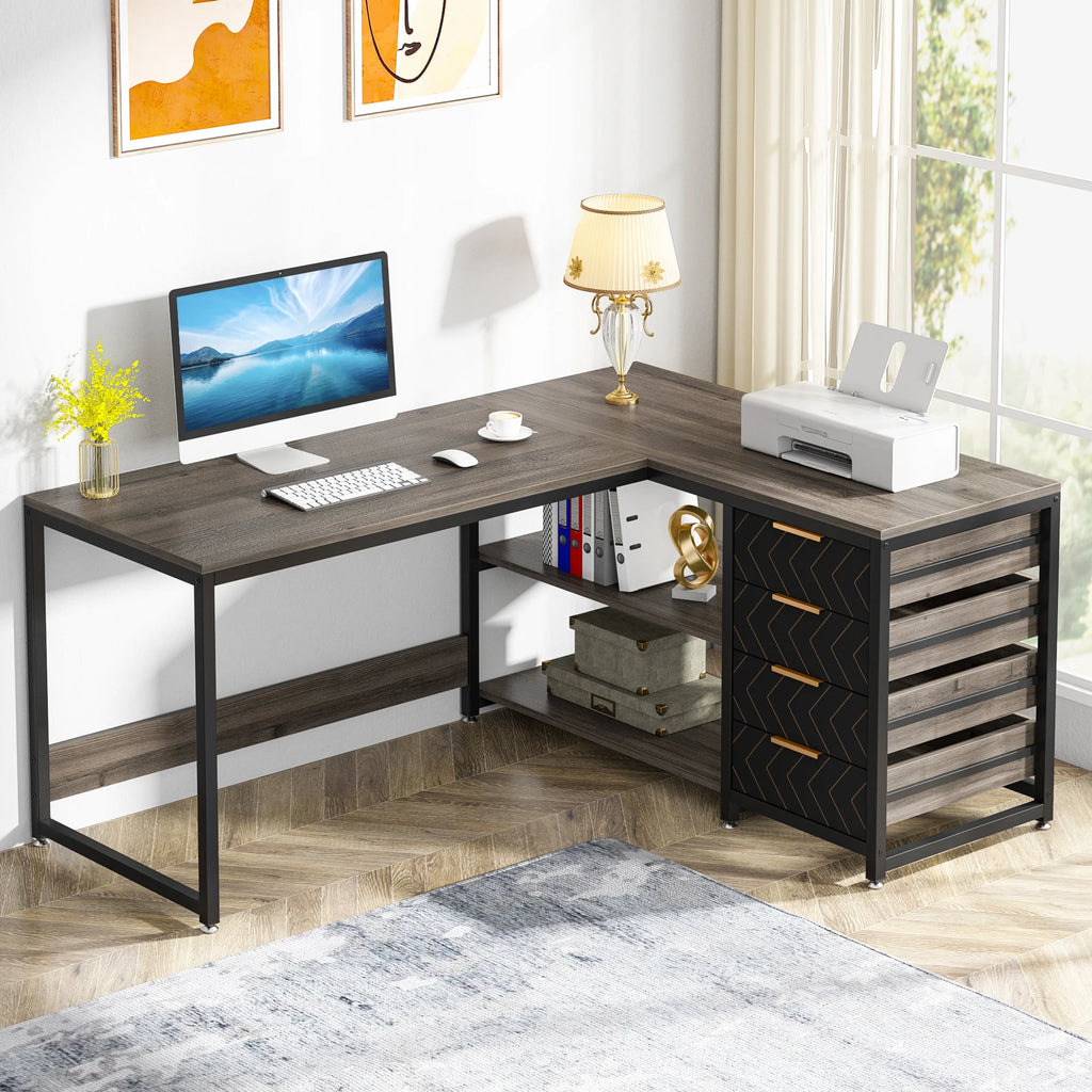 Computer Desk with Storage Drawers, 59 inch Corner Desk with Shelves, Reversible L-Shaped Office Desk Study
