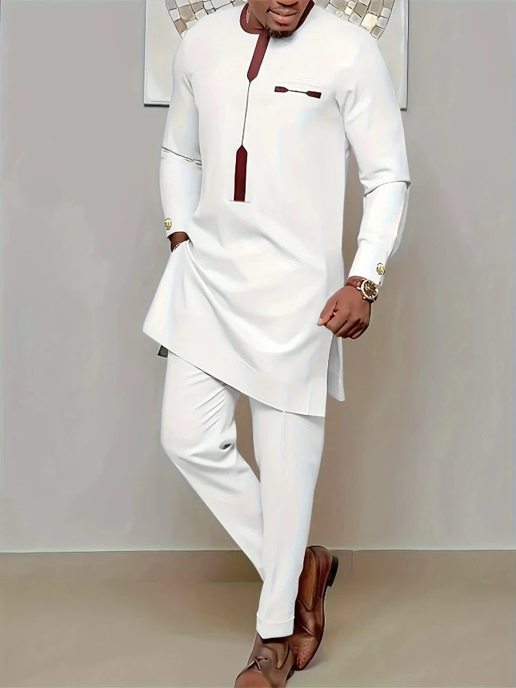 Men's Casual Long-Sleeved Two-Piece Set: Mid-Length Top and Trousers