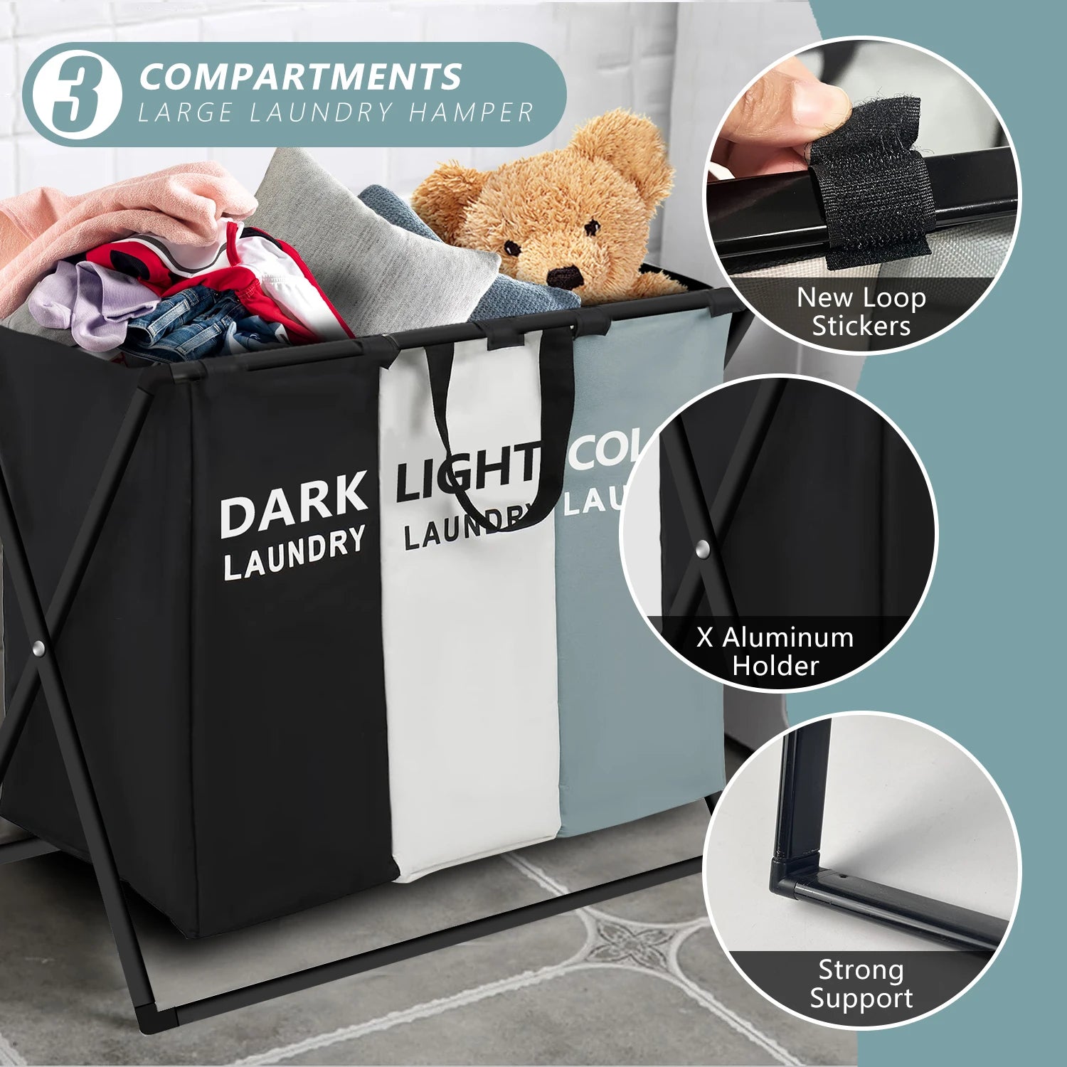 3 Sections Divided Laundry Basket  Laundry Hamper Foldable Washing Bin Dirty Cloth
