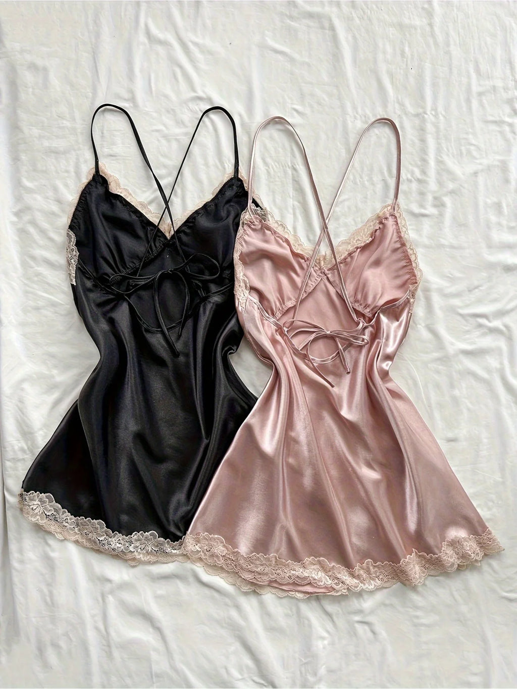 2Pcs  Satin Sleepwear Set Black & Blush, V-Neck Strapless Nightgown Lingerie Dress, All-Season Nightwear