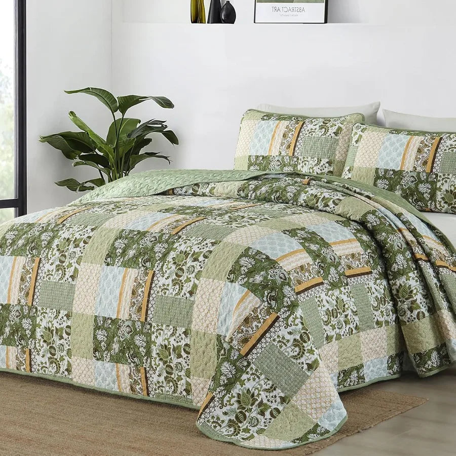 Quilt Set Queen Size Green 3 Pieces  Bedspread Coverlet  Floral Soft Microfiber Bedding Set for All Se