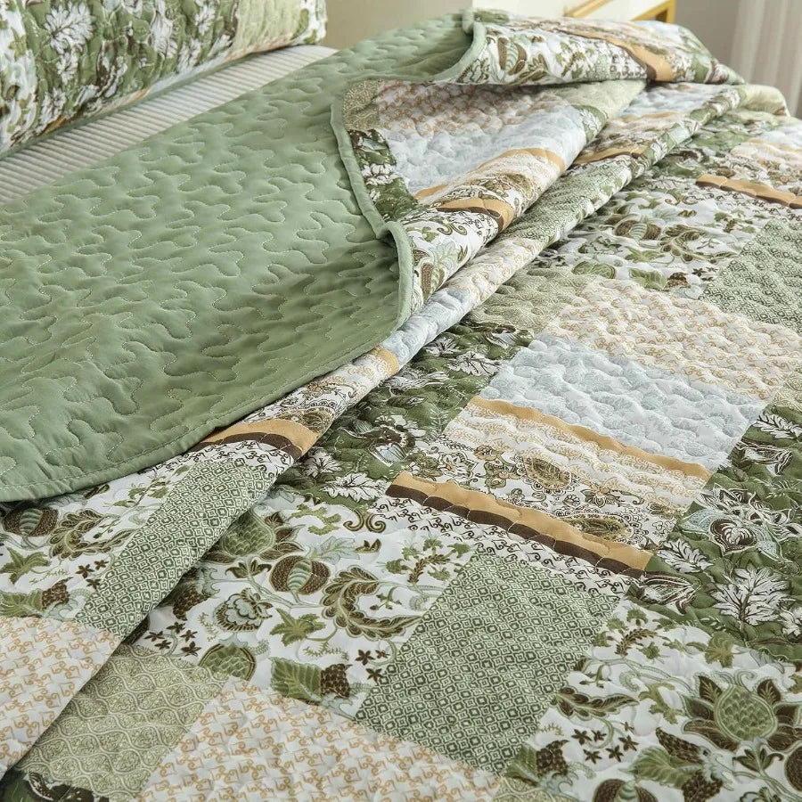 Quilt Set Queen Size Green 3 Pieces  Bedspread Coverlet  Floral Soft Microfiber Bedding Set for All Se