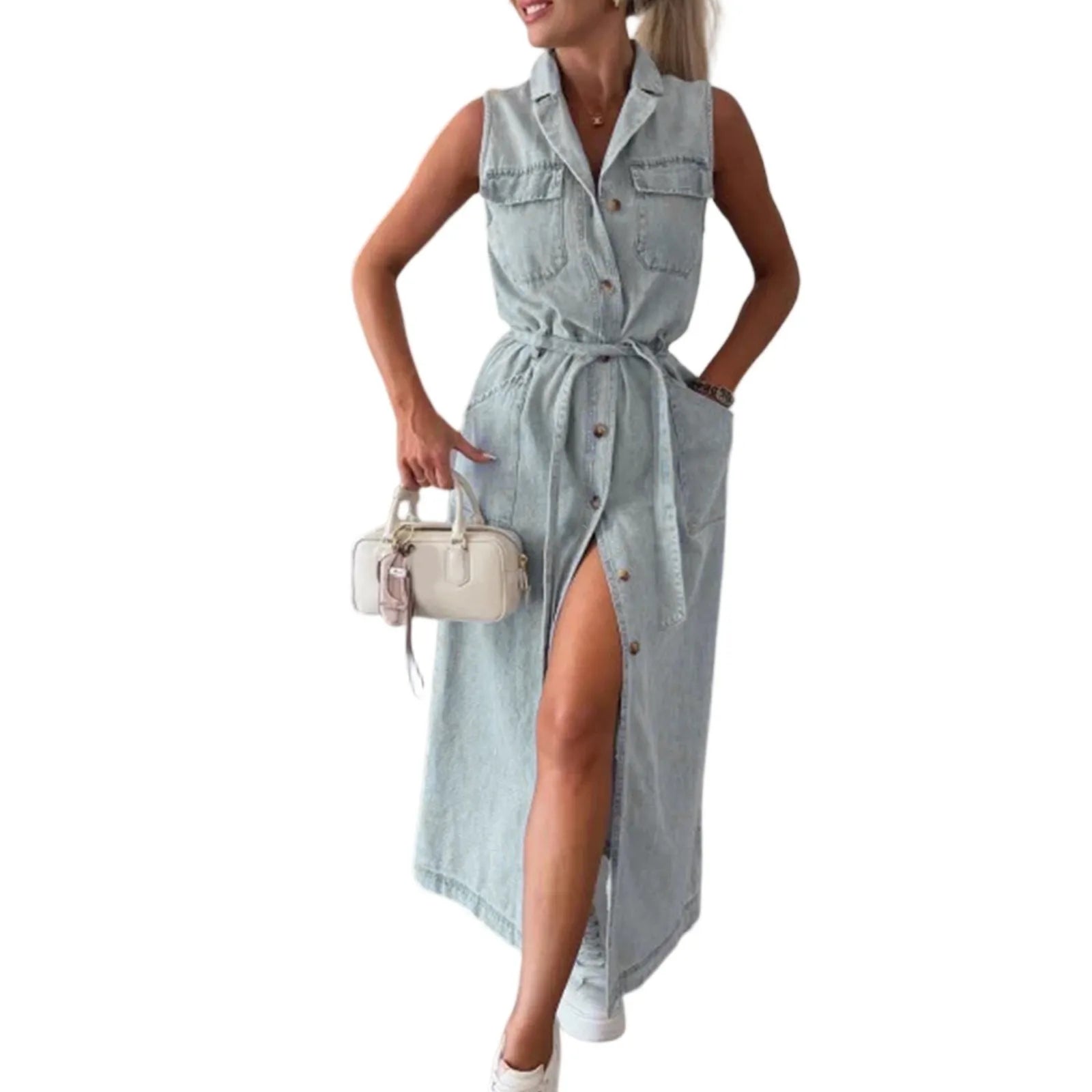 Ladies' Casual Fashionable Sleeveless Waist Cinched Single Breasted Denim  Elegant Women's Dresses