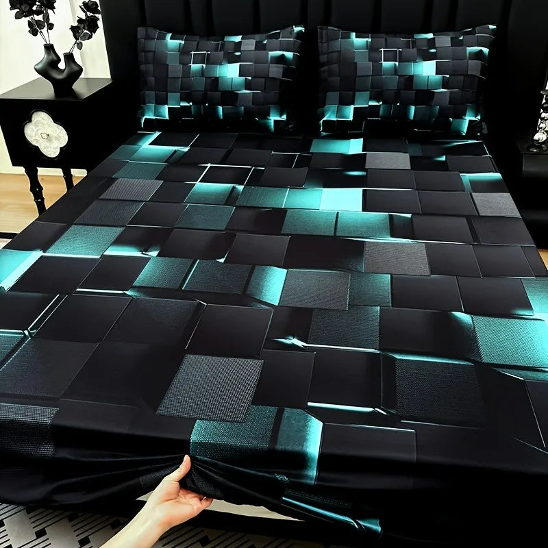 3pcs Cool Technology Digital Printing Material Plaid Fitted Sheet(1pc Bed Sheet+2pcs Pillowcase No Filling)