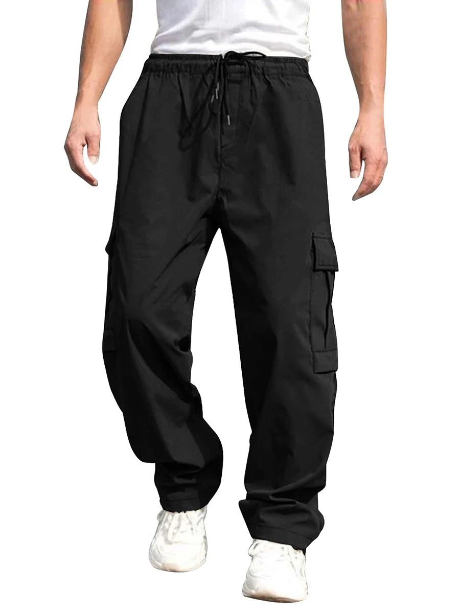Men s Loose Cargo Long Pants Drawstring Waist Straight Leg Trousers  with Pockets