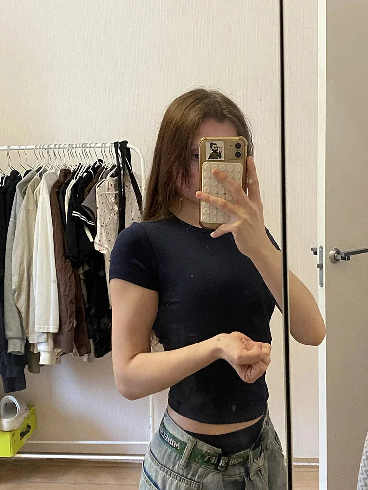 Women's Basic Solid Crop Top Short Sleeve Crewneck Skinny T-shirt Summer Casual Y2K  Streetwear