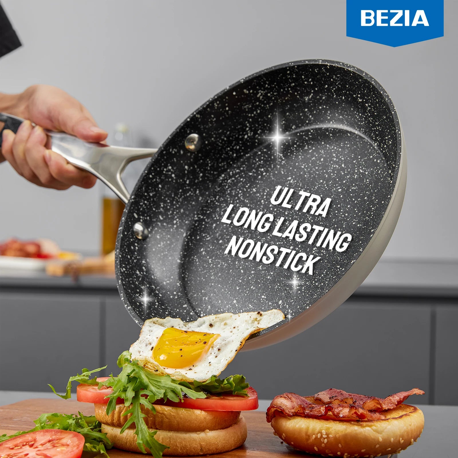 Cookware Nonstick, 10-Piece, BEZIA Pots and Pans Set for Cooktop, Compatible with All Stoves