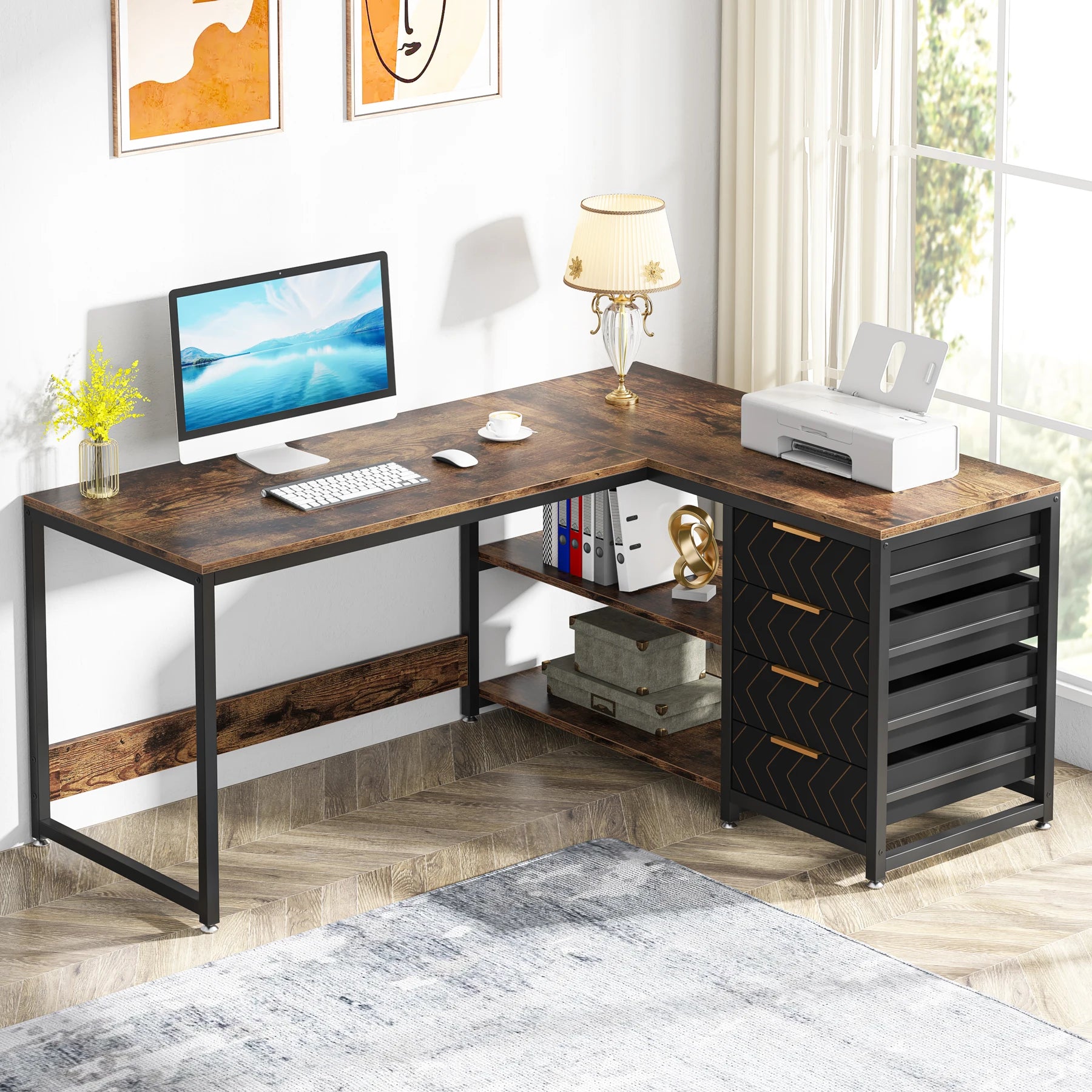 Computer Desk with Storage Drawers, 59 inch Corner Desk with Shelves, Reversible L-Shaped Office Desk Study