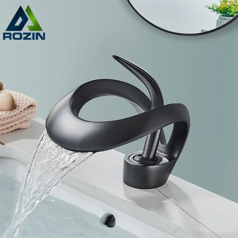 Luxury  Basin Faucet Grey Bathroom Waterfall Mixer  Deck Mount Hot Cold Water