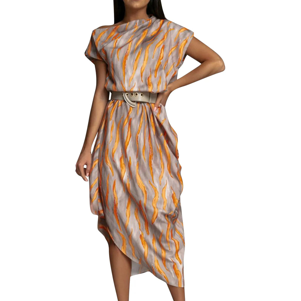 Elegant Long-sleeve Printed Dress For Women High-waisted A- line Round Neck  Trendy Summer Clothing